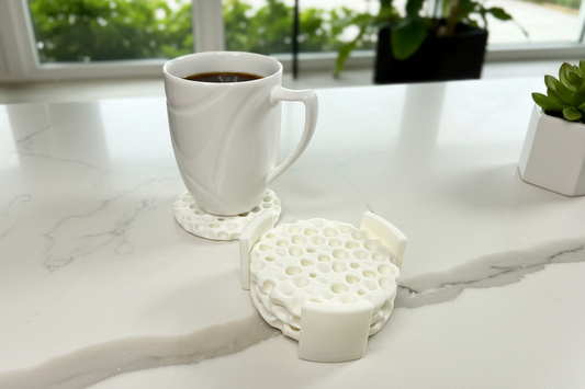 Sculpted Ripple Coaster Set + Holder in modern living space